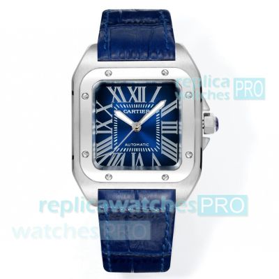Swiss Replica Cartier Santos Blue Dial 100th Anniversary 2824 Movement Ladies Watch 